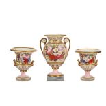 A FINE GARNITURE OF THREE ENGLISH PORCELAIN TWIN-HANDLED VASES BY PRISCILLA BRADLEY, dated 1823,