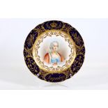 A SEVRES-STYLE PORCELAIN PORTRAIT PLATE, late 19th Century, painted to the centre with a portrait of