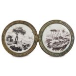 A PAIR OF ENGLISH ENAMEL MIRROR POSTS OR CURTAIN TIEBACKS, circa 1790, printed en grisaille with