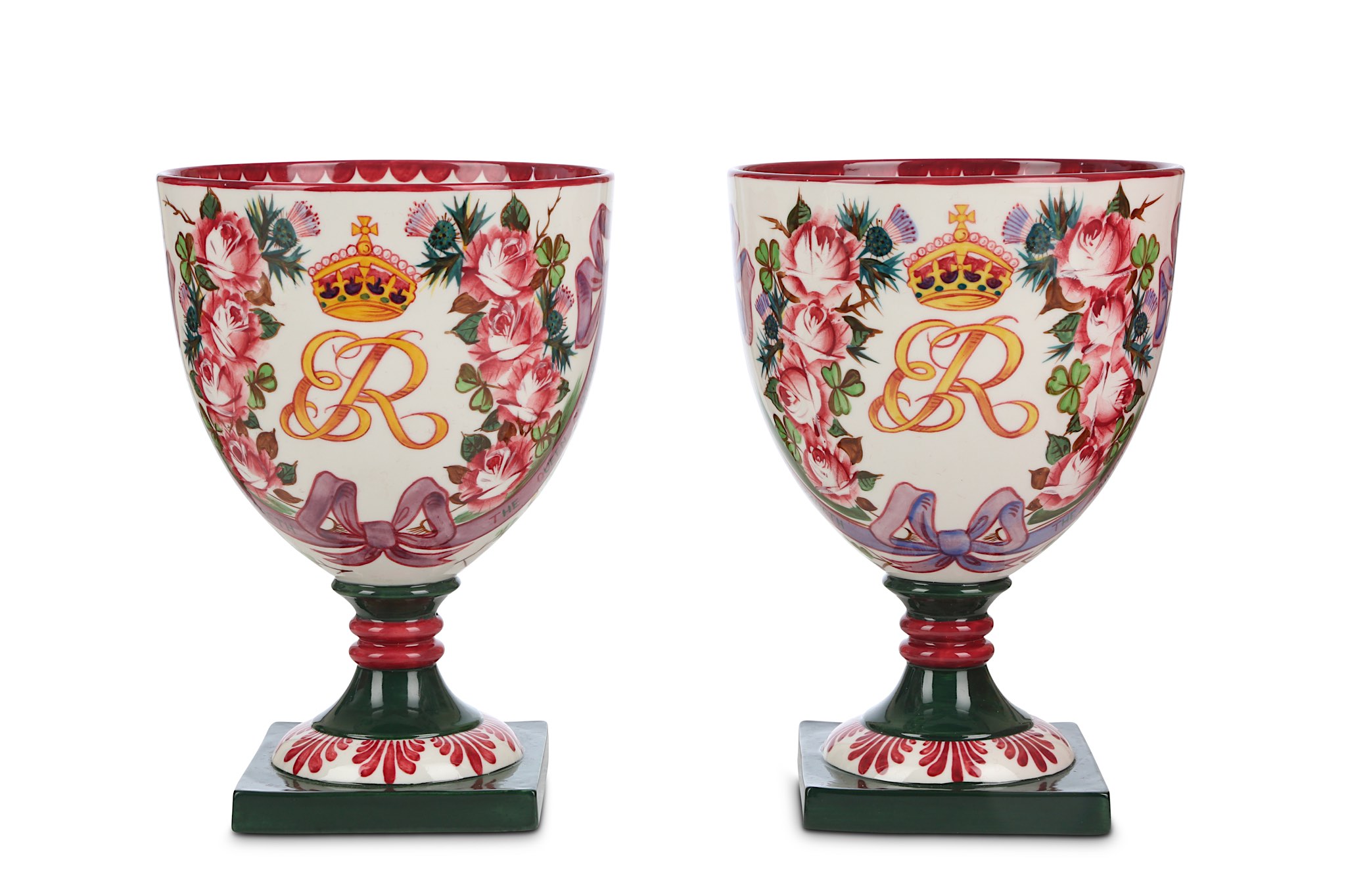A PAIR OF ROYAL DOULTON COMMEMORATIVE POTTERY GOBLETS, circa 1980, commissioned by Rogers de Rin