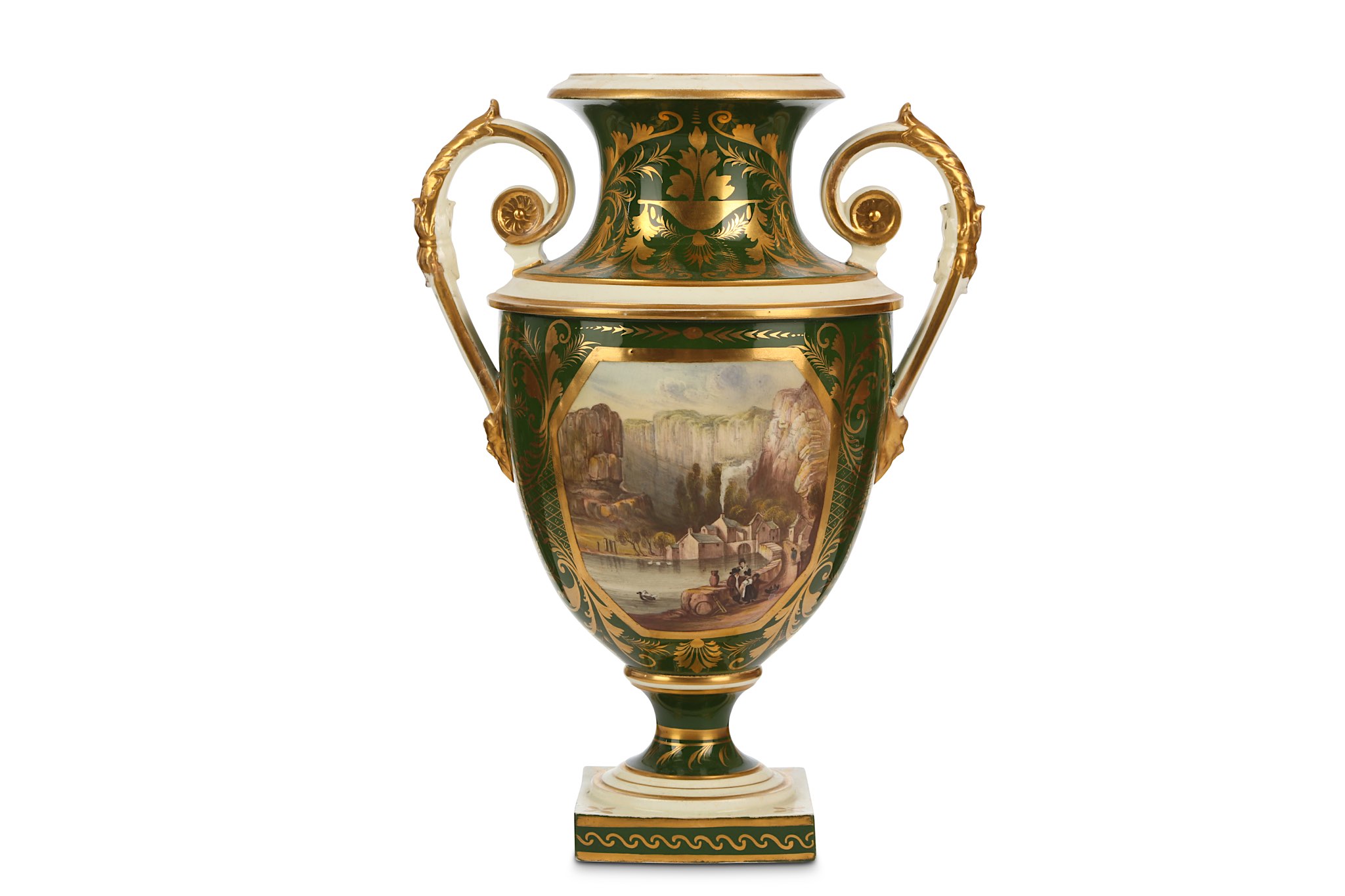 A BLOOR DERBY PORCELAIN 'NAMED VIEW' TOPOGRAPHICAL VASE, circa 1820-40, of urn-shaped form with twin