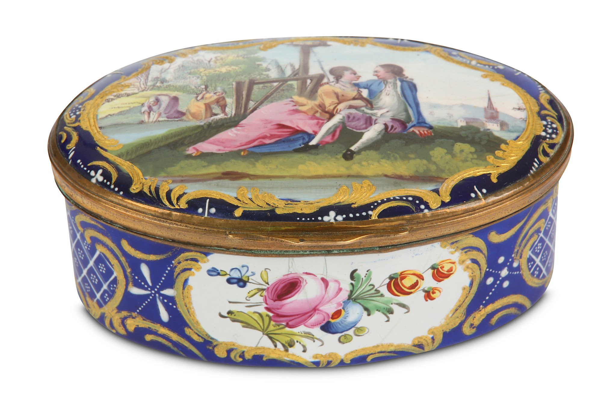 A LARGE BIRMINGHAM OR SOUTH STAFFORDSHIRE ENAMEL SNUFF BOX, circa 1770, of oval form with gilt metal