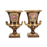 A FINE AND LARGE PAIR OF DERBY PORCELAIN CAMPANA VASES, circa 1815-20, of urn shape with twin gilt