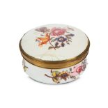 A BIRMINGHAM ENAMEL SNUFF BOX, circa 1775, of circular form with gilt metal mounts, finely painted