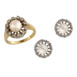 A cultured pearl and diamond cluster ring and earring suite