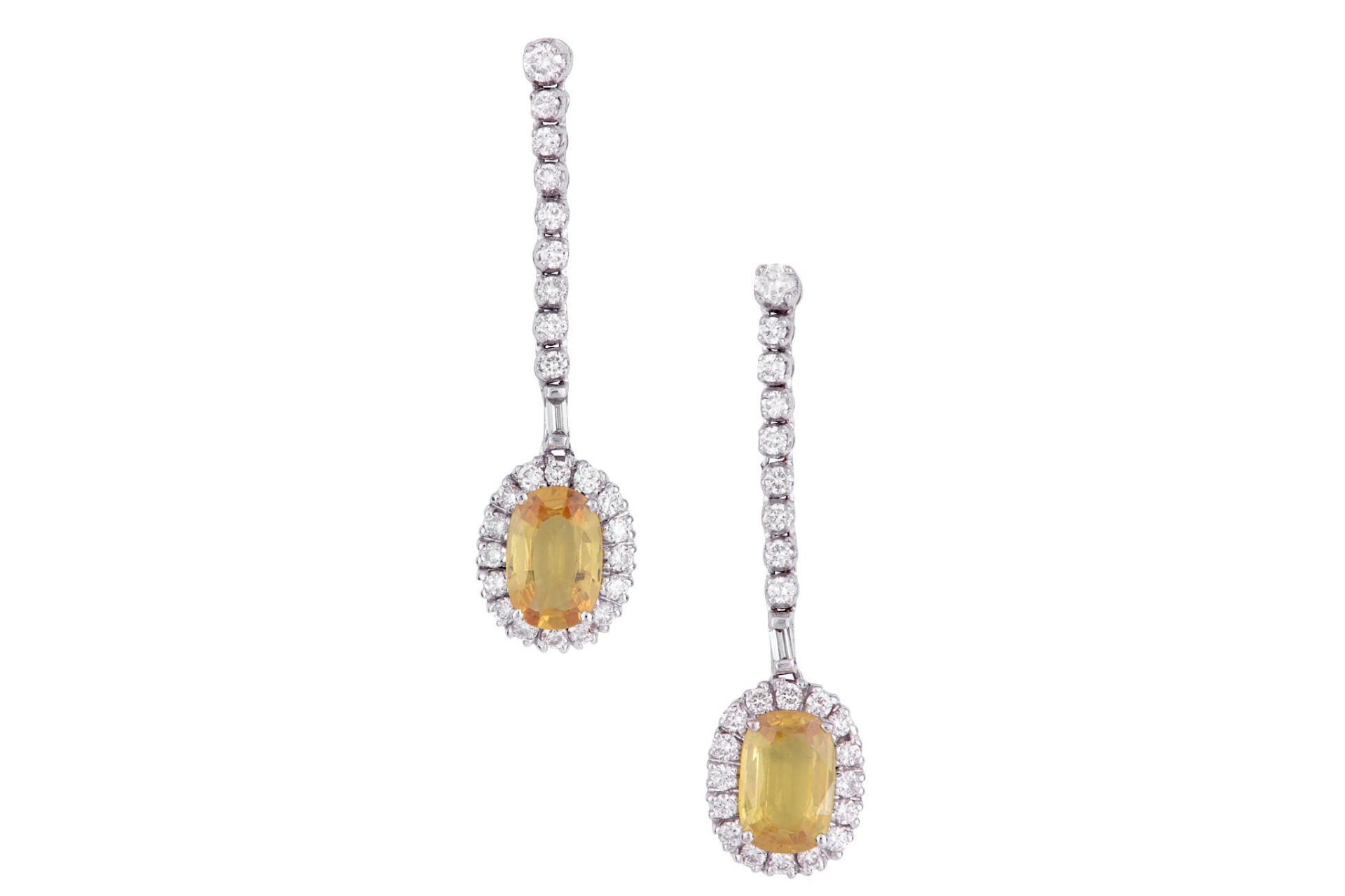 A pair of yellow sapphire and diamond pendent earrings