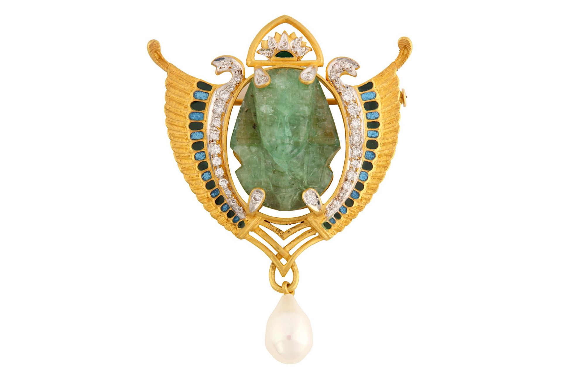 A carved emerald, diamond and enamel brooch