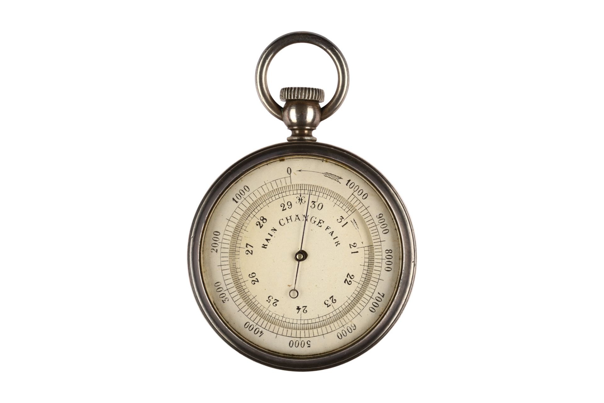 An antique white metal combination compass & barometer. Date: Circa 1900. Maker: Unknown. Dial: Both