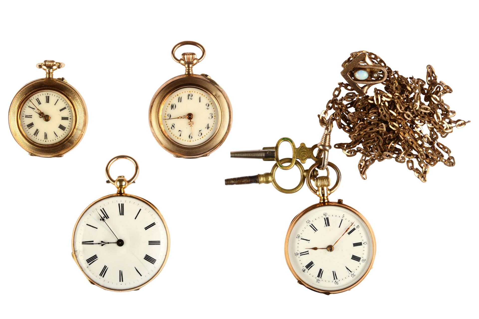 Four antique gold fob watches. A late 19th Century 14K gold open face fob watch, sold together