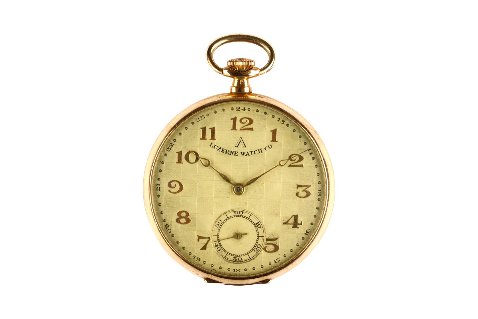 Luzerne Watch Co. A 14K gold open face pocket watch. Date: 1930's. Movement: Unsigned, lever
