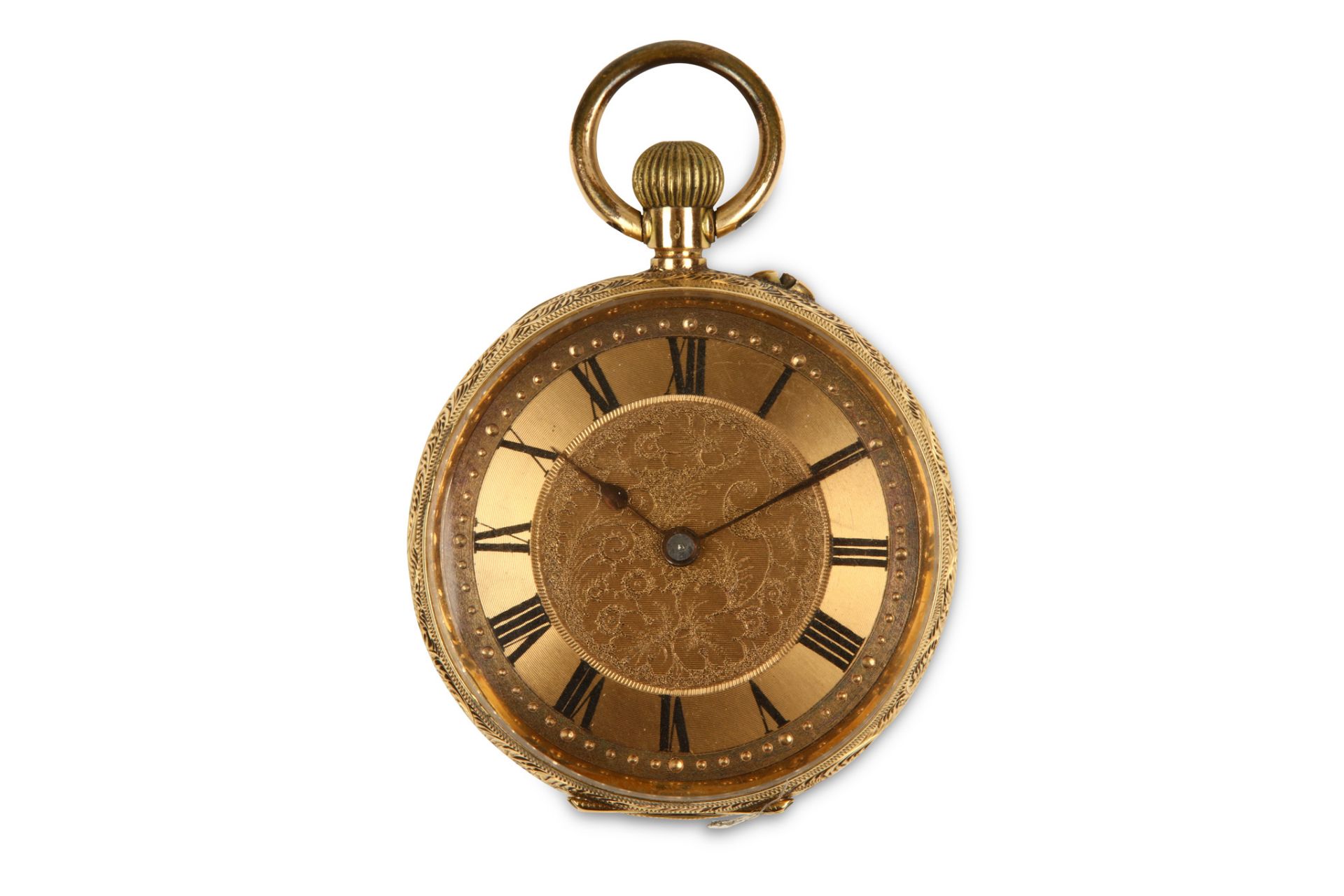 A continental 18K gold open face fob watch. Date: Late 19th Century. Movement: Unsigned, cylinder