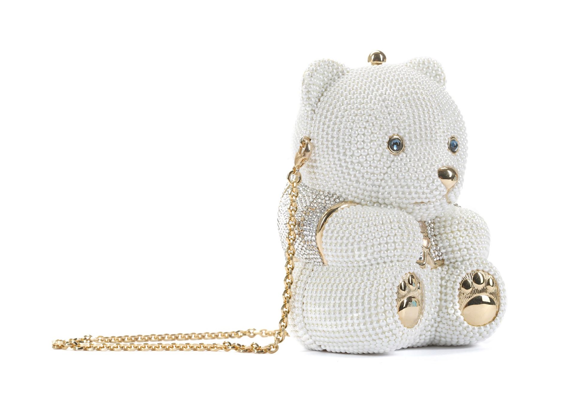 Judith Leiber Crystal and Pearl Sweetheart Bear Minaudiere, encrusted with faux seed pearls and