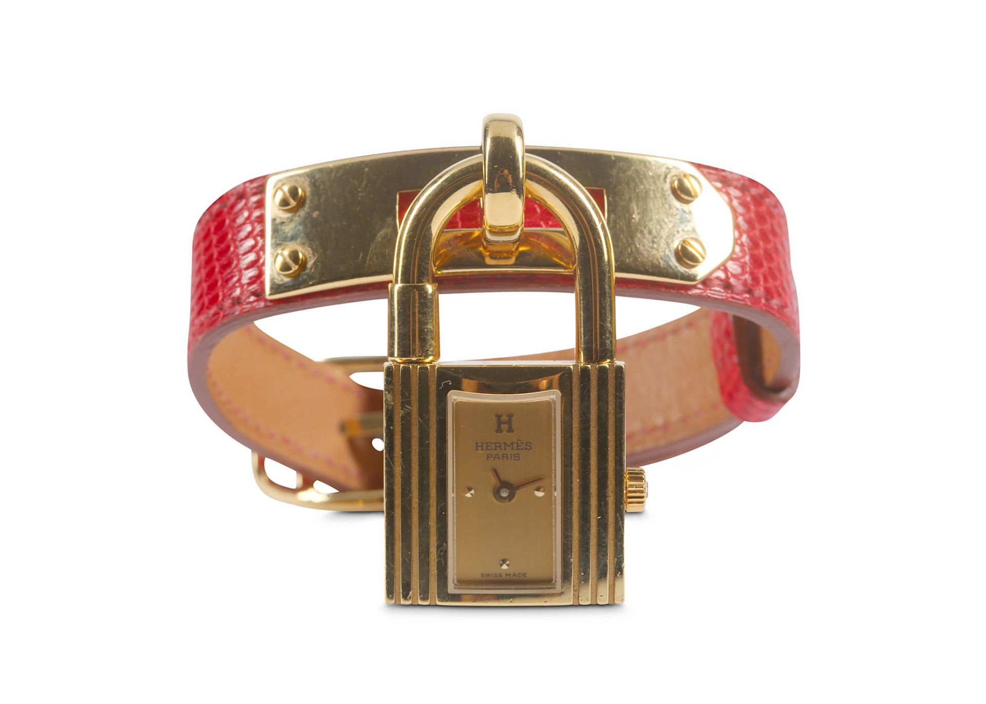 Hermes Red Lizard Kelly Watch, 1990s (date code faint), red lizard skin strap with gold plated