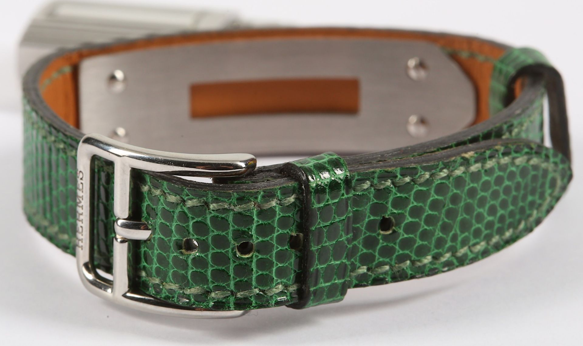 Hermes Green Lizard Kelly Watch, c. 1996, emerald green lizard skin strap with Palladium plated - Bild 8 aus 10