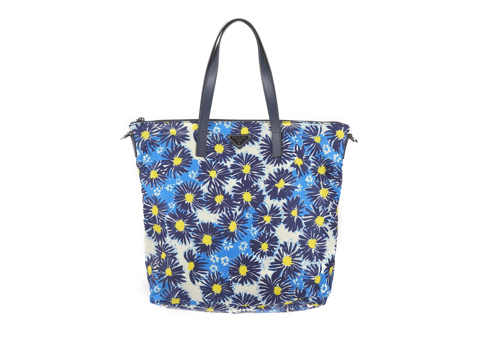 Prada Blue Floral Nylon Shopper, c. 2016, nylon printed with blue and yellow flower heads, blue