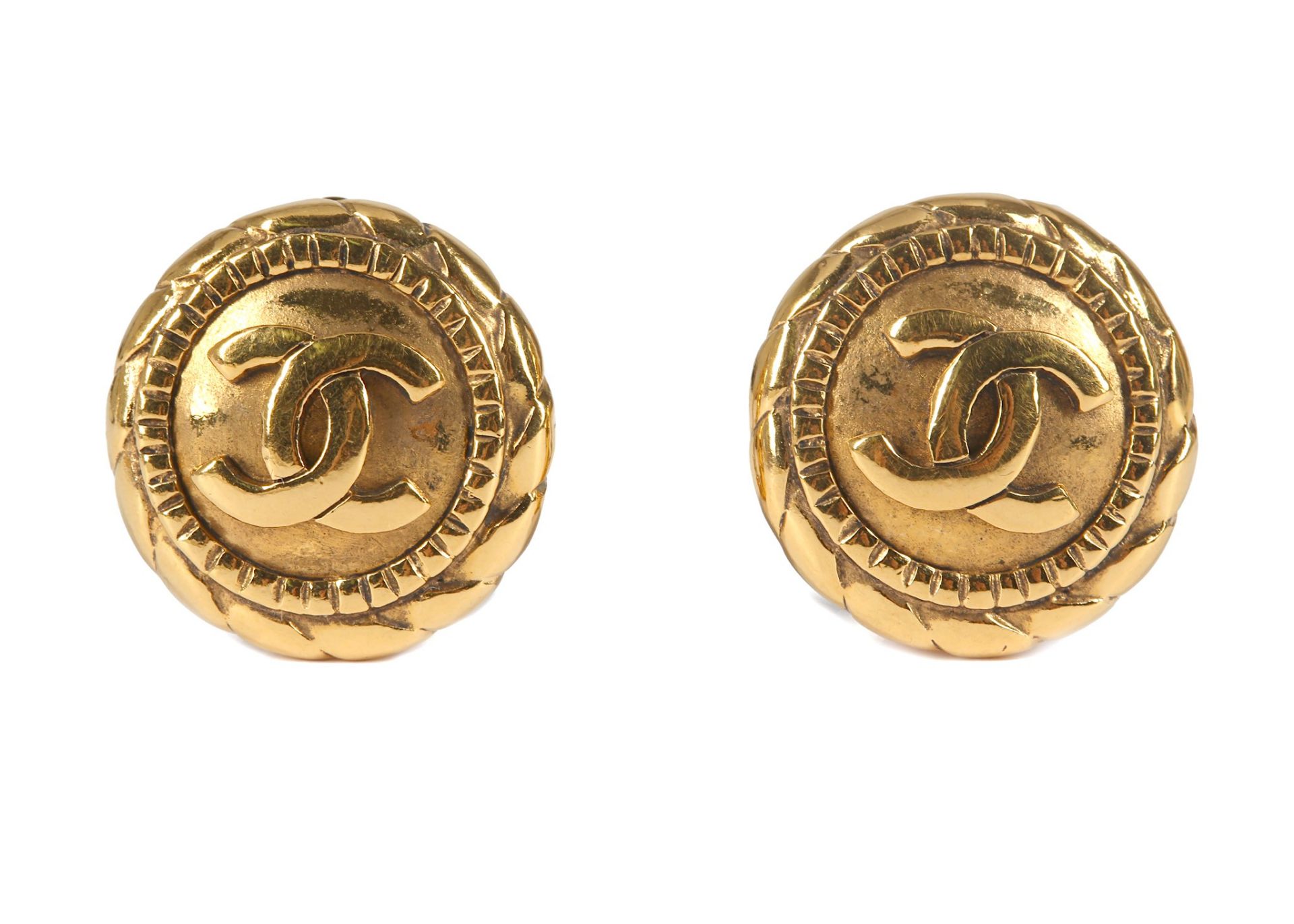 Chanel Gilt Logo Earrings, 1980s, with CC design and rope twist border, clip-on backs, 2cm