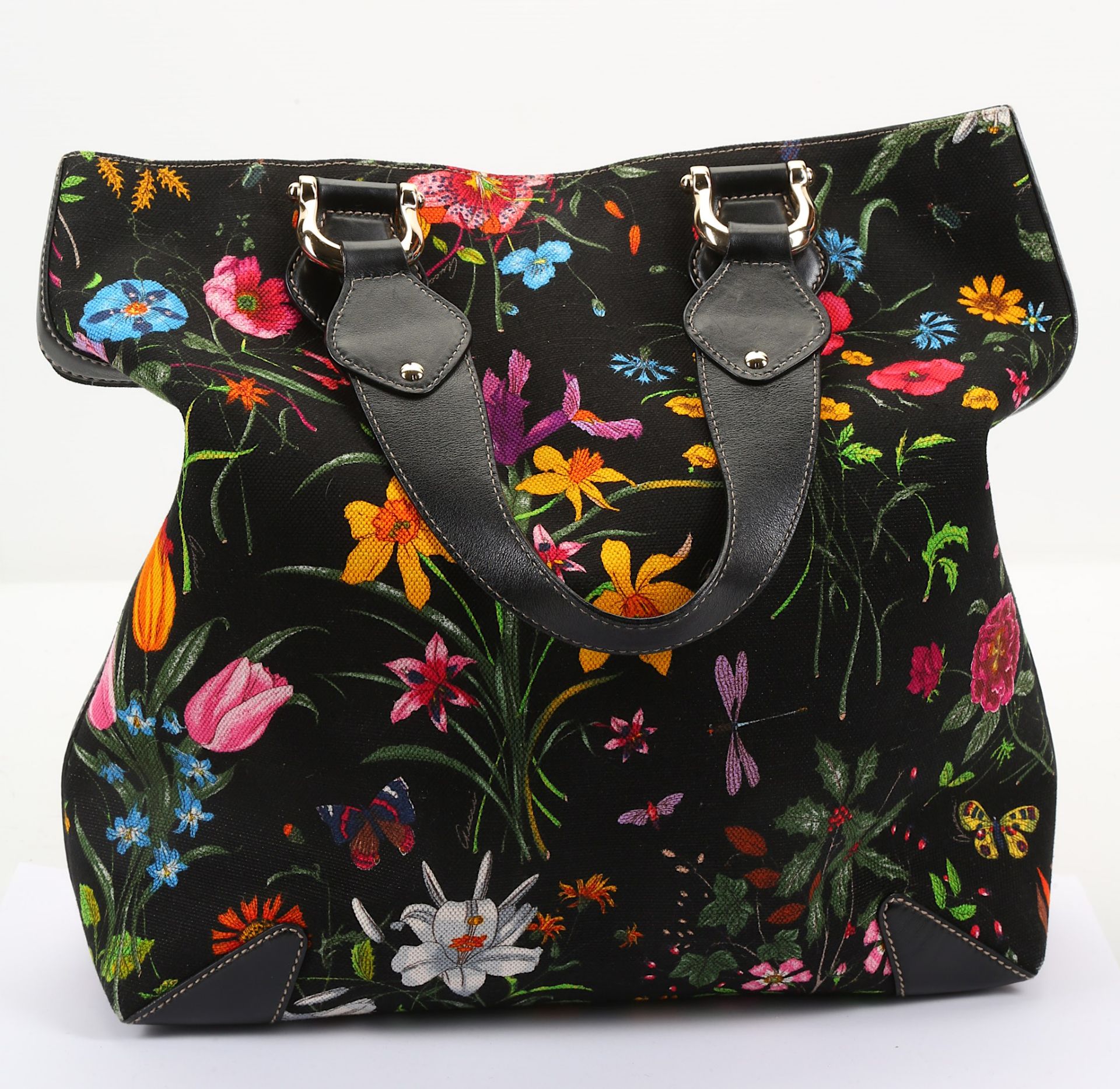 Gucci Black Botanical Canvas Tote, black printed canvas with black leather trim and handles, pale - Image 3 of 6