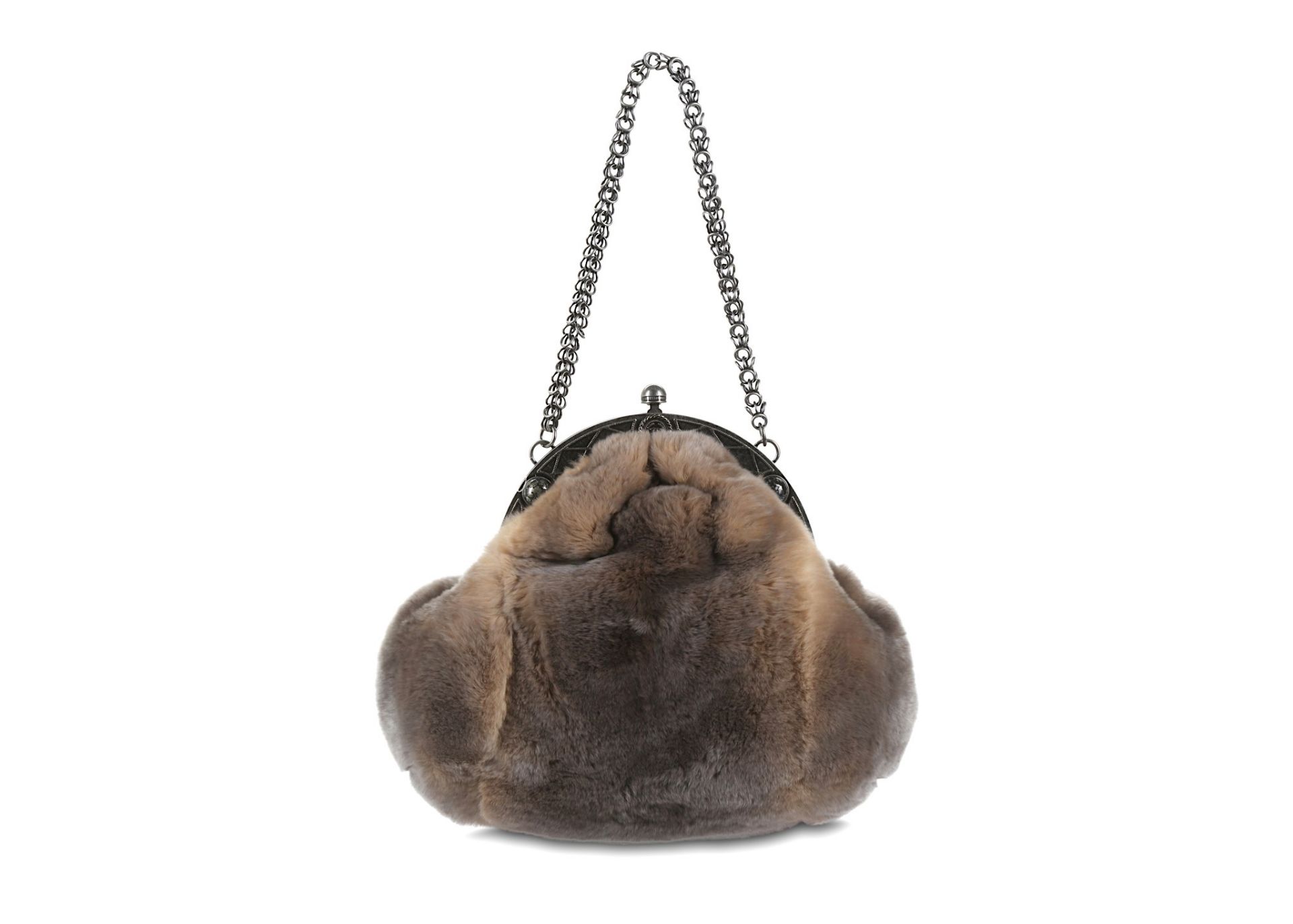 Rare Chanel Rabbit Fur Sporran, c. 2013-14, distressed silver metal frame and chain strap, 37cm