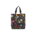 Gucci Black Botanical Canvas Tote, black printed canvas with black leather trim and handles, pale