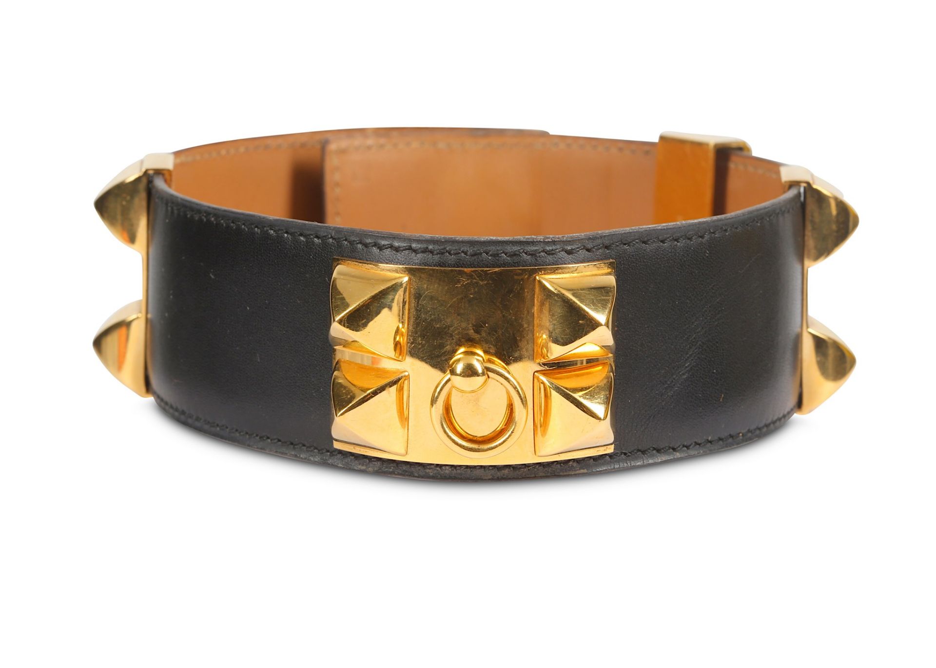 Hermes Collier de Chien Necklace, c. 2000, black box leather with gold plated hardware, 4cm wide,