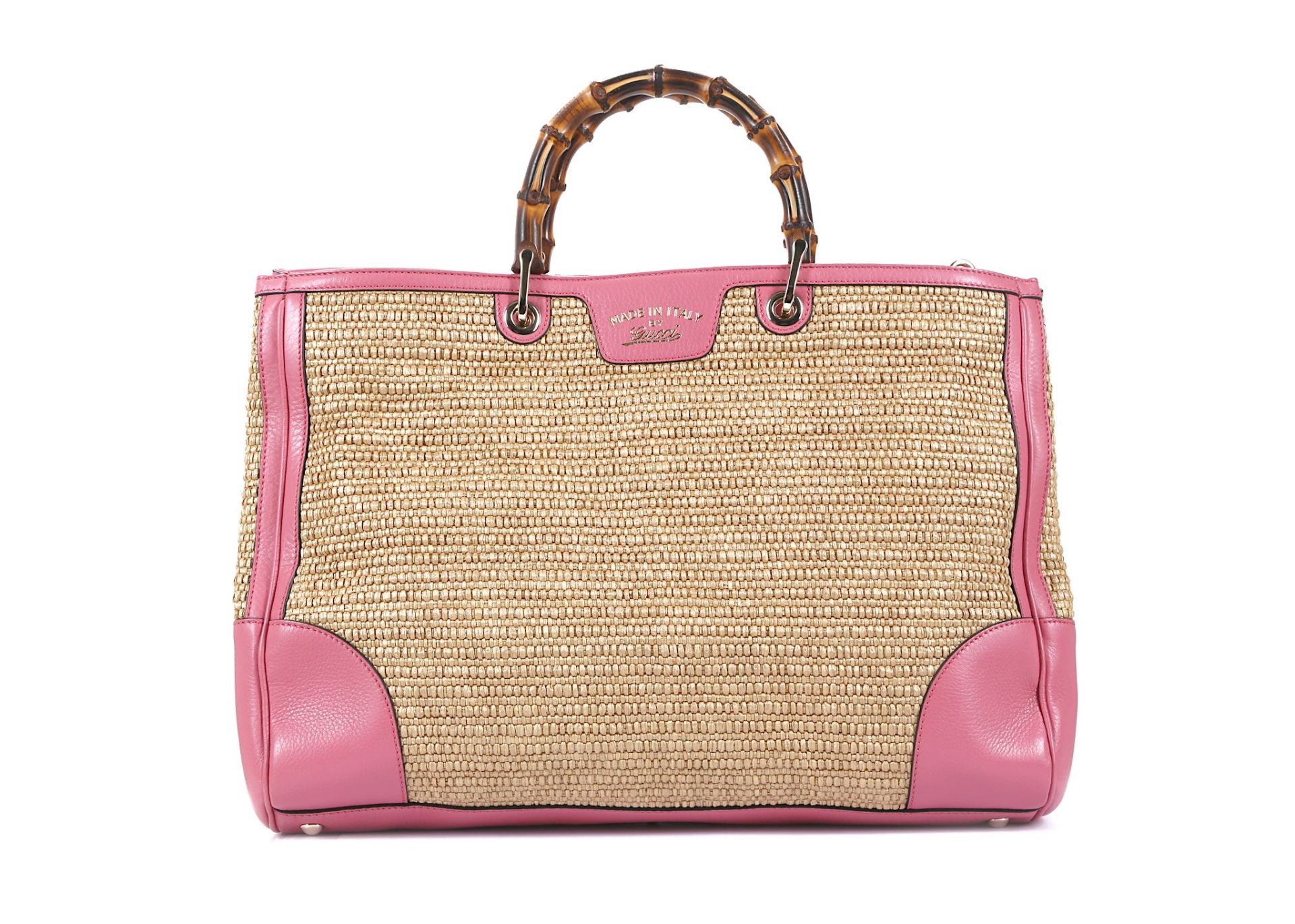 Gucci Pink Straw Bamboo Large Shopper Tote, pink leather and woven straw with bamboo handles, gold
