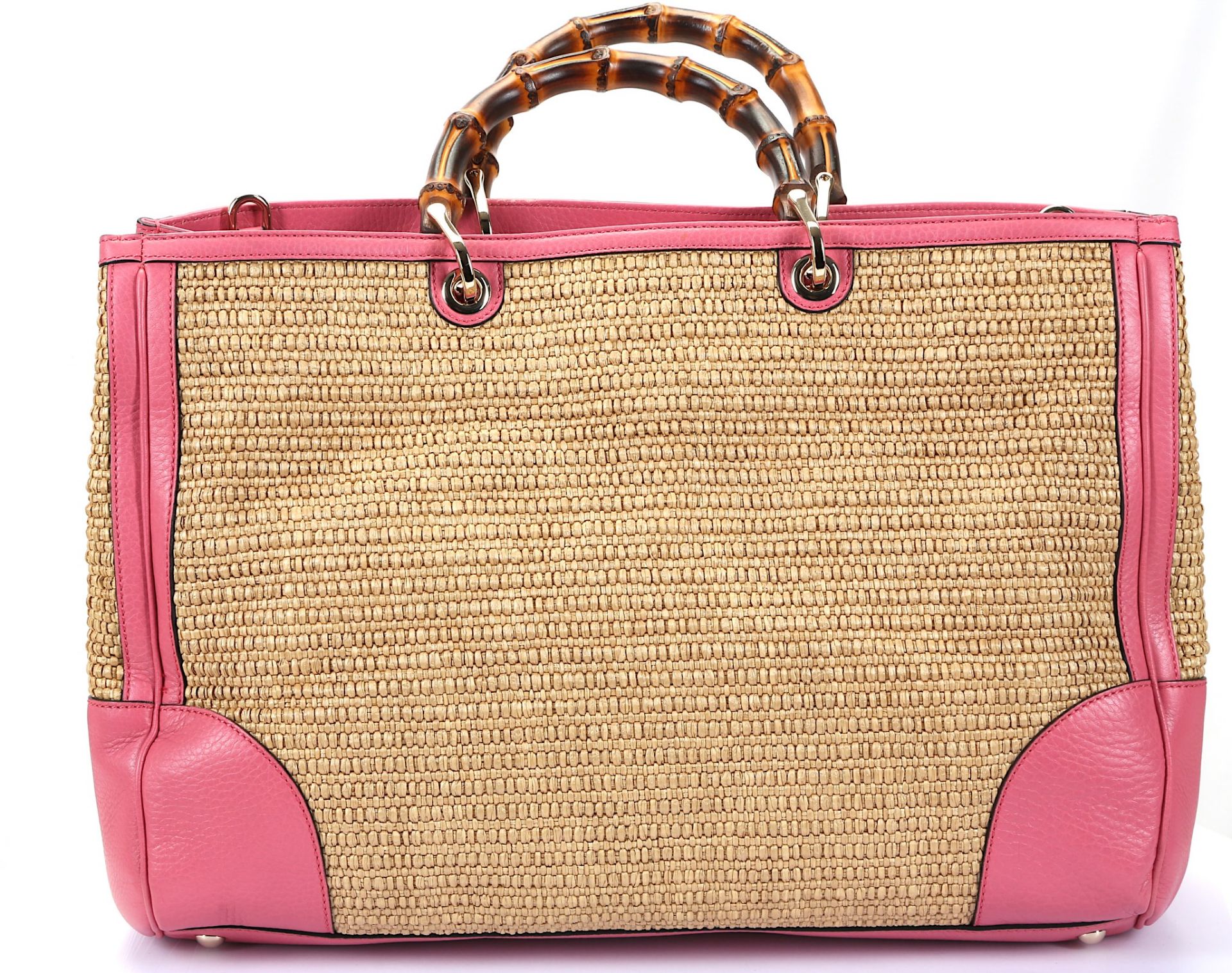 Gucci Pink Straw Bamboo Large Shopper Tote, pink leather and woven straw with bamboo handles, gold - Image 4 of 5