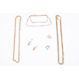 A small group of jewellery, including three 9ct gold chains, an 18ct gold chain and two pairs of