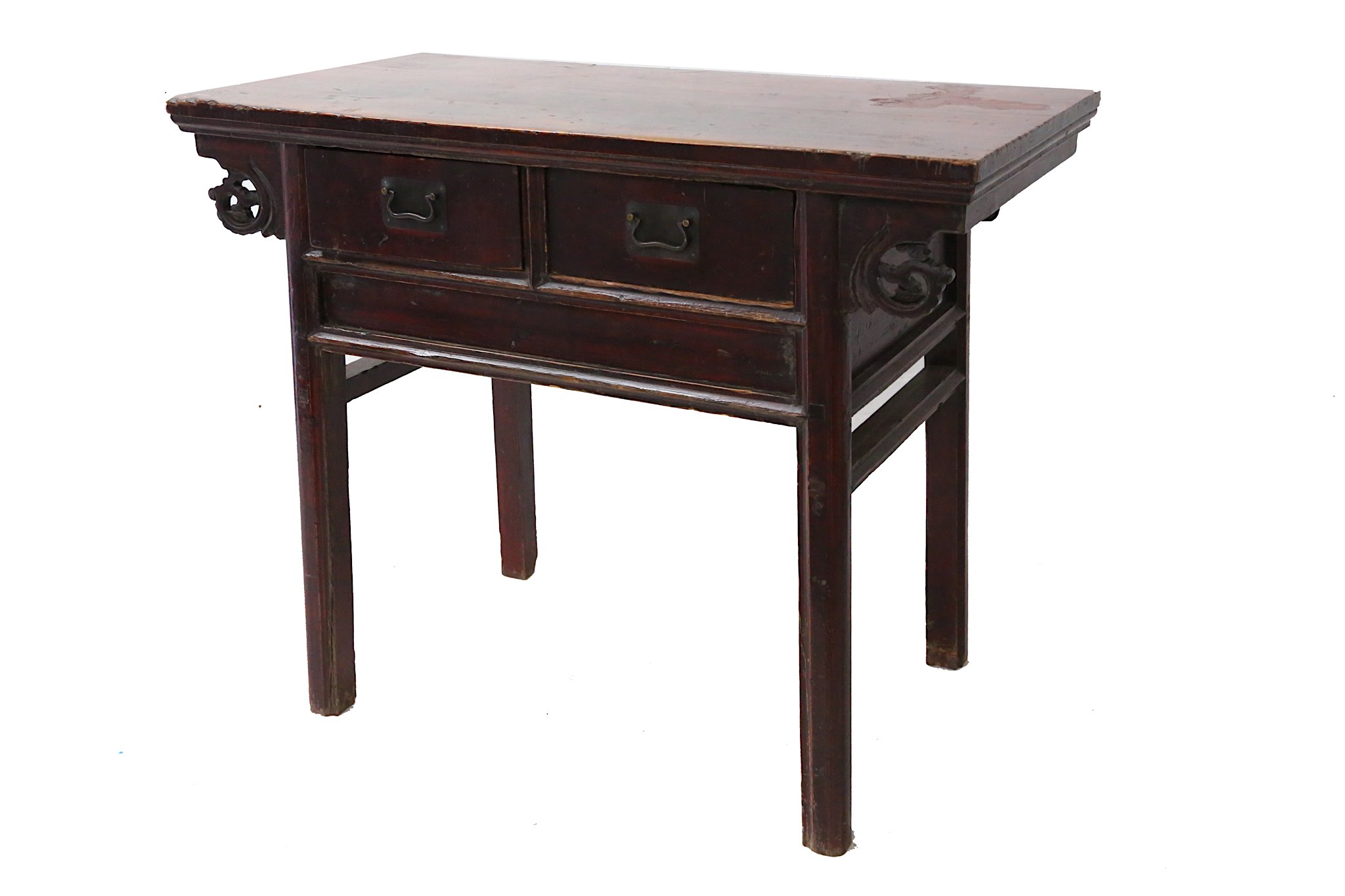 A Chinese lacquered elm side table, the overhanging top fitted with two drawers, on moulded legs,