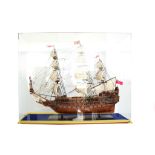 A large model of an 18th century galleon, late 20th century, with good miniature details, titled '