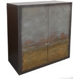 A contemporary two door cabinet, the doors painted with an abstract landscape by the contemporary