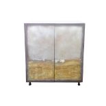 A contemporary two door cabinet, the doors painted with an abstract landscape by the contemporary