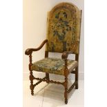 An Italian walnut elbow chair, 19th century, the high back and seat upholstered in an 18th century