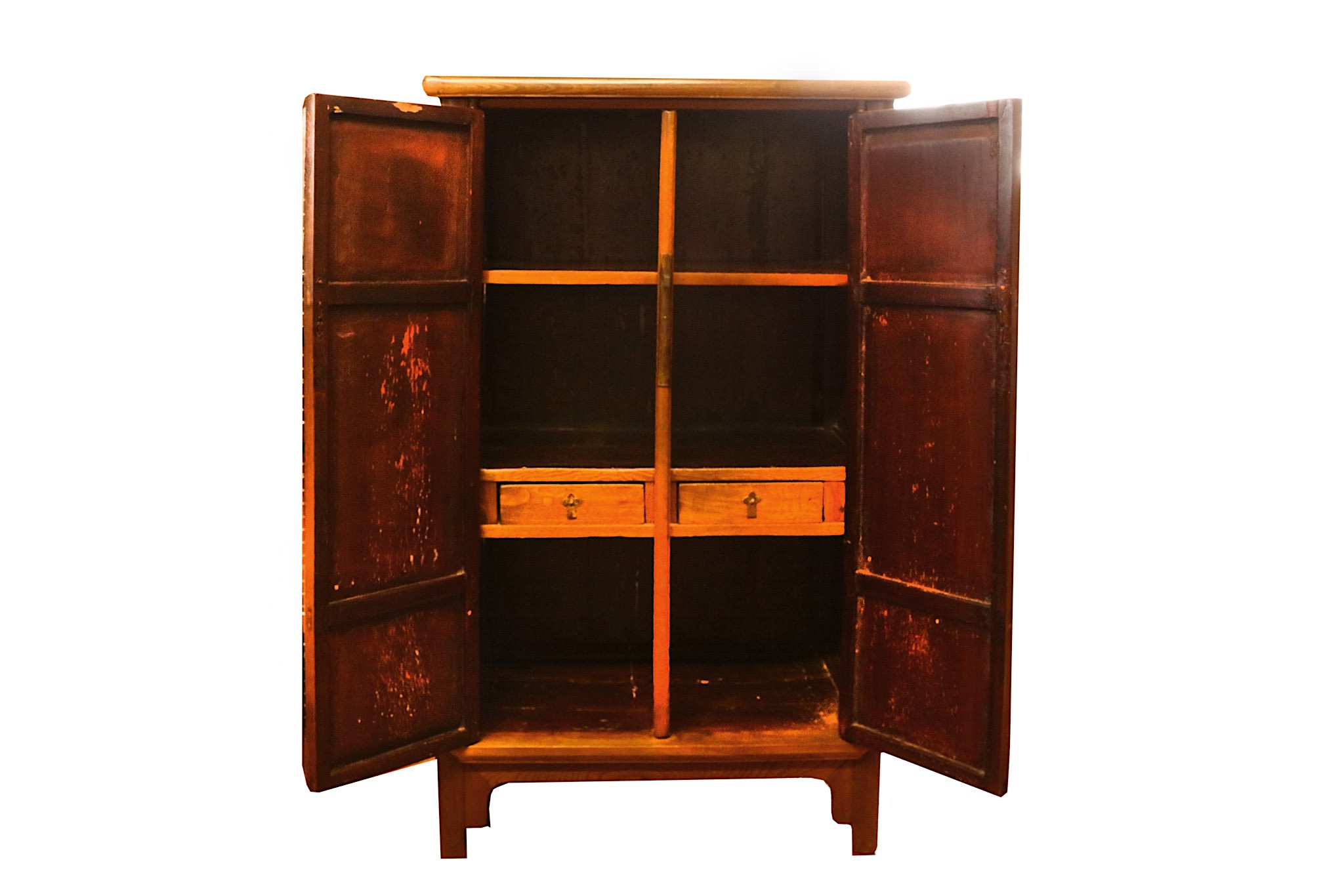 A Chinese hardwood two door hinged cabinet, in Ming style, supported with four legs and square metal - Image 2 of 2