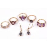 A group of five gem-set rings and a pair of earrings, set with various gems and imitation diamonds