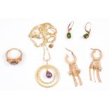 A small group of jewellery, comprising a pair of diopside earrings, a pair of 9ct gold tassle