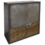 A contemporary two door cabinet, the doors painted with an abstract landscape by the contemporary