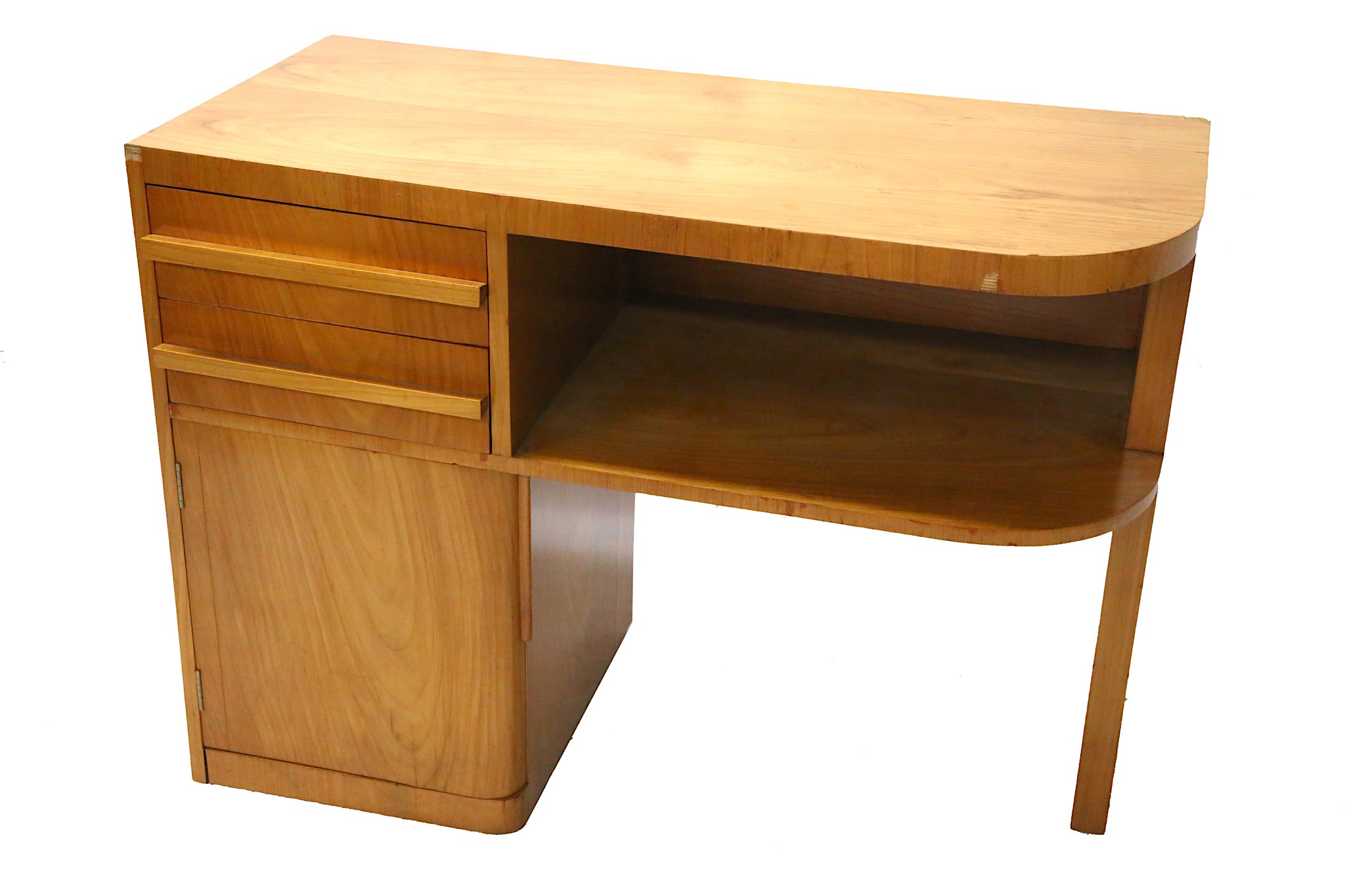 An Art Deco style maple kneehole dressing table, 20th century, fitted with two drawers and a