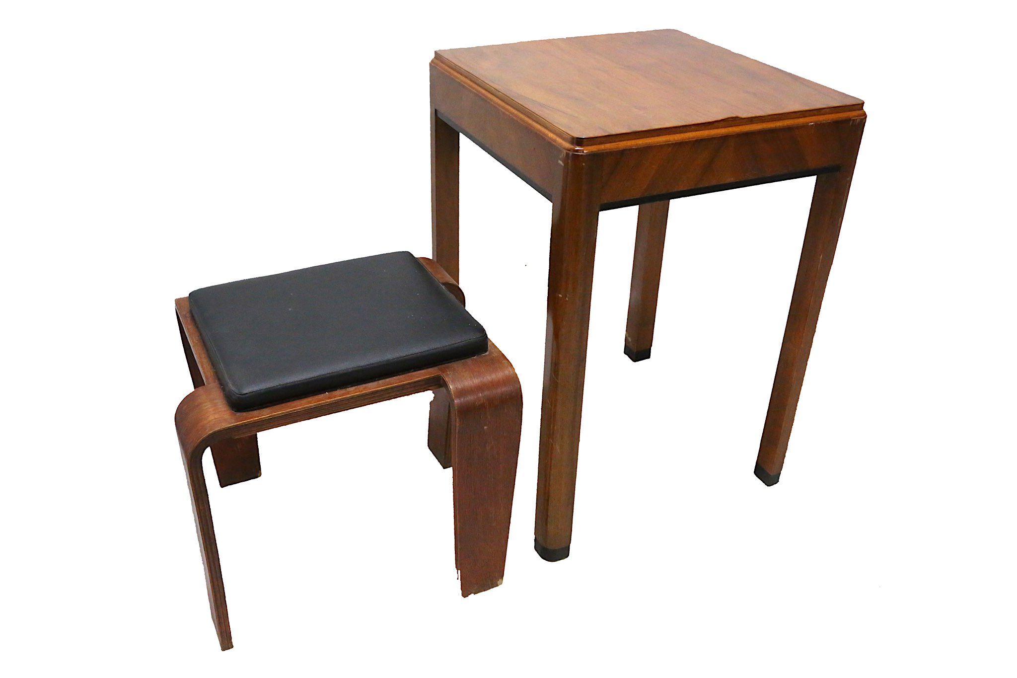 An Art Deco style walnut occaisional table, mid-20th century; together with a later bentwood stool