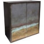 A contemporary two door cabinet, the doors painted with an abstract landscape by the contemporary