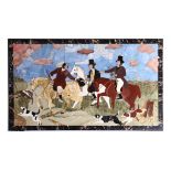 A large Florentine style Pietre Dure specimen marble panel, depicting a hunting scene, with three