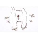 A group of costume jewellery, including two necklaces, two Art Deco paste clips, five paste