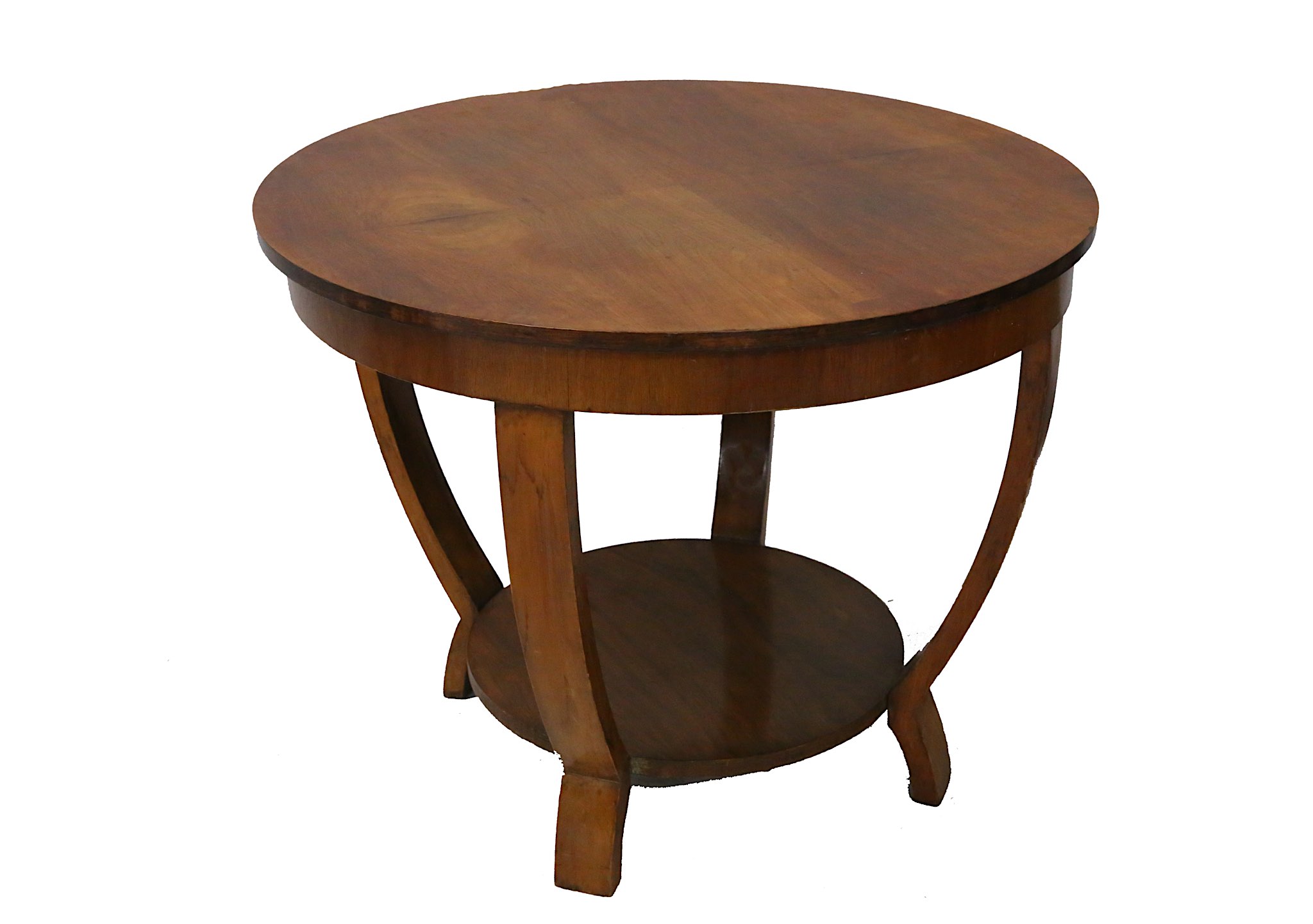An Art Deco style figured walnut two-tier circular occaisional table, 20th century