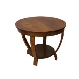 An Art Deco style figured walnut two-tier circular occaisional table, 20th century