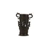 A CHINESE BRONZE INCENSE STICK HOLDER. Yuan Dynasty. The cylindrical parfumier with two chilong