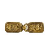 A CHINESE GILT BRONZE 'EUROPEANS' BELT HOOK AND BUCKLE. Qing Dynasty, 18th Century. A dragon head