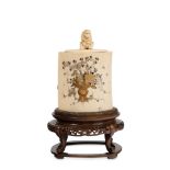 A SHIBAYAMA VASE AND COVER ON A STAND. Meiji period. Inlaid in mother-of pearl and coloured ivory