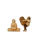 TWO IVORY NETSUKE OF FARMERS. 19th century. Comprising a woman seated on a log holding a pipe,