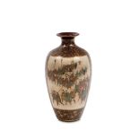 A SATSUMA EARTHENWARE VASE BY KINKOZAN. Meiji period. Of ovoid form decorated in enamels and gilding