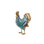 A CLOISONNÉ ENAMEL MODEL OF A COCKEREL. 20th Century. Standing alert with the head facing forwards,