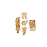 FOUR NETSUKE AND ONE SMALL OKIMONO. 19th/20th Century. Three ivory and one stag-antler netsuke of